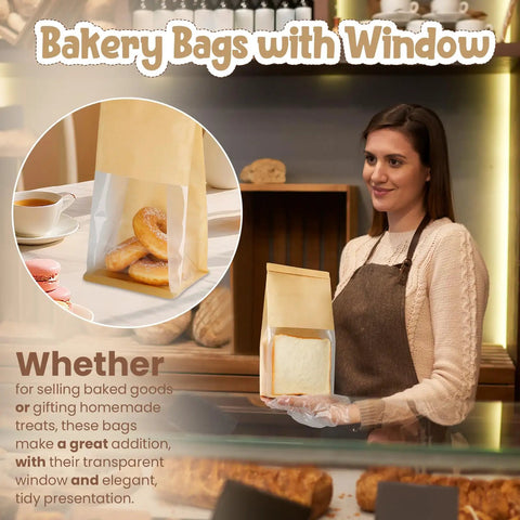 Bakery worker holding window bag with bread, showcasing Bread And Cookie Bags With Seal And Window 50 Pack Reusable Bakery Bags in use.