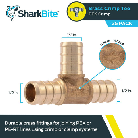 Half Inch Brass Crimp Tee Pipe Fitting Pack Of 10 For PEX And PE RT Systems Go To Full Flow Tee Connector Compatible With Copper Crimp Rings Or Stainless Steel Clamps Durable Plumbing Fitting