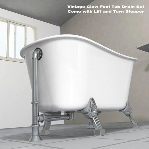 Vintage Claw Foot Tub Drain Kit With Lift And Turn Stopper, Solid Brass Build, side view showcasing overflow assembly.