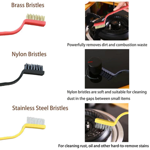 7 Piece Multi Purpose Crevice Cleaning Brush Set showing brass, nylon, stainless steel bristles for grime removal