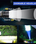 Beast Mode 90000 Lumen Rechargeable Headlamp With Nine Modes, Adjustable Zoom Focus illustrating zoom in and out features