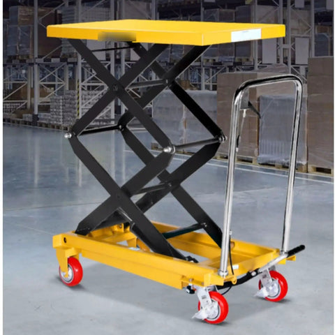 Built Tough Heavy Duty Mobile Scaffolding Platform With Manual Hydraulic Lift Featuring Double Scissor Elevating Cart in warehouse.