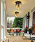 Front porch with Three Light Boho Rattan Ceiling Fixture With Hand Woven Cage Shade Farmhouse Semi Flush Mount For Bedroom Foyer Entryway Kitchen And Hallway Durable Natural Material Ceiling Light