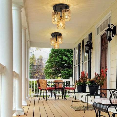 Front porch with Three Light Boho Rattan Ceiling Fixture With Hand Woven Cage Shade Farmhouse Semi Flush Mount For Bedroom Foyer Entryway Kitchen And Hallway Durable Natural Material Ceiling Light