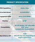 Product specification table for 30 Series Torque Converter Driver Clutch Kit for Predator 212cc 196cc 224cc Engines.