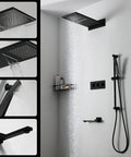 Premium Matte Black Shower System With Thermostatic Faucet Set Featuring Wall Mounted Rainfall Head And Handheld Sprayer Combo with water flowing.