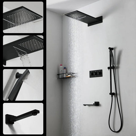 Solid Black Shower System, Thermostatic Wall Mount Rainfall Head With Handheld Combo, water cascading from shower head.
