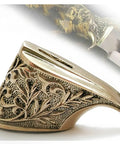 Intricate Flame Style Knife Guard Bolster, hand cast bronze finish, part of Flame Style Knife Guard Bolster And Pommel Set.