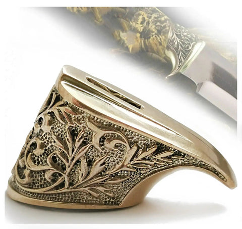 Intricate Flame Style Knife Guard Bolster, hand cast bronze finish, part of Flame Style Knife Guard Bolster And Pommel Set.