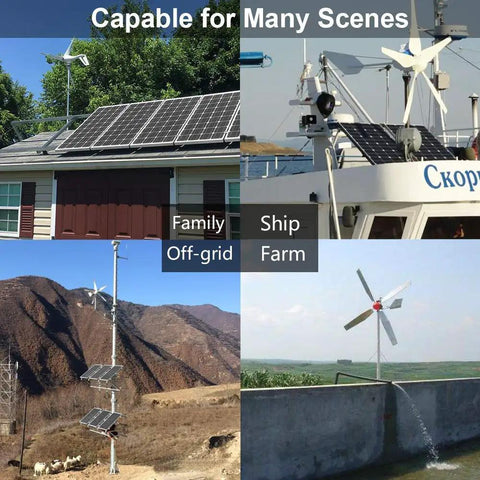 Backyard Ready Solar And Wind Generator Kit 600W With Dual Bifacial Panels And Quiet 400W Turbine in various off-grid setups.