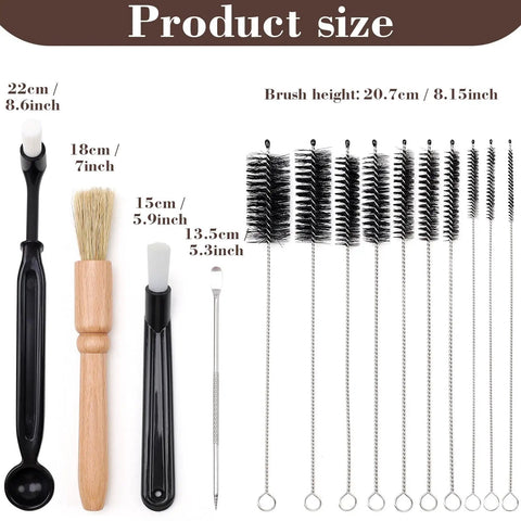 14 Piece Coffee Grinder And Espresso Machine Cleaning Brush Set With Stainless Steel Straw Brushes displayed with sizes