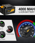 20V Cordless Impact Wrench 4.0Ah Lithium Battery with charge status indicators and power gauge displaying full charge