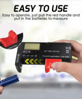 Easy Read Battery Checker Digital Capacity Tester For AA AAA C D 9V 1.5V Button Cells And 3.7V Li Batteries Fast Health Readout Dope Gadget For Home Shop And DIY Tech, handheld black plastic battery tester with red slider