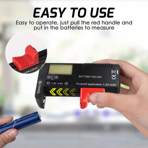Easy Read Battery Checker Digital Capacity Tester For AA AAA C D 9V 1.5V Button Cells And 3.7V Li Batteries Fast Health Readout Dope Gadget For Home Shop And DIY Tech, handheld black plastic battery tester with red slider