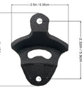 24 Pack Solid Black Cast Iron Wall Mounted Beer Bottle Cap Openers Featuring Screw In Assembly Including Complete Hardware For Home Bar Pub Garage And Weekend Tailgates, close-up view with measurements.