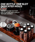 Keep Your Grounds Fresh As A Bell With This Six Tube Single Dose Coffee Bean Storage Jar Set Featuring One Way Exhaust Valves And A Smart Hopper For Flawless 22 To 25 Gram Portions To Brew On Point Daily on a wooden rack with coffee beans and accessories.