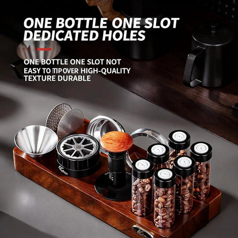 Keep Your Grounds Fresh As A Bell With This Six Tube Single Dose Coffee Bean Storage Jar Set Featuring One Way Exhaust Valves And A Smart Hopper For Flawless 22 To 25 Gram Portions To Brew On Point Daily on a wooden rack with coffee beans and accessories.