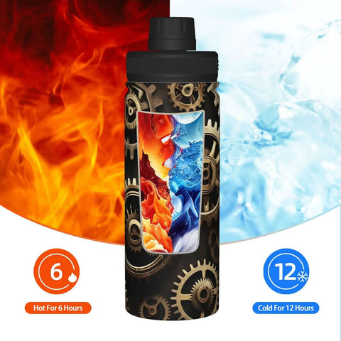Steampunk Gears Print Insulated Water Bottle For Gym And Outdoor Adventures Double Wall Stainless Steel Hydration Bottle Keeps Drinks Hot Or Cold For All Day Hydration Your Go To Office And Travel Companion, featuring fire and ice design.