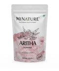Front view of Aritha Soap Nut Powder For Silky Hair Organic And Pure USDA NOP Certified Aritha Powder From India Natural Hair Conditioner And Cleanser And Shampoo Alternative No Harsh Stuff Chemical Free Eco Friendly Saponin Rich Formula 227g packaging