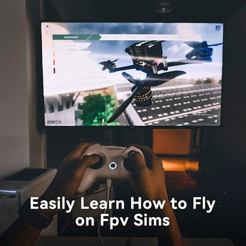 Person using a controller with FPV simulator on screen, practicing techniques for Cetus FPV Kit RTF Brushed Racing Drone Bundle.