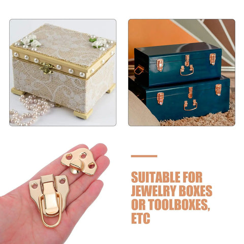 Duckbilled Toggle Buckle Hasp Latch Hardware for Wood Boxes Tool Chests and Jewelry Cabinets, golden metal clasp shown in hand