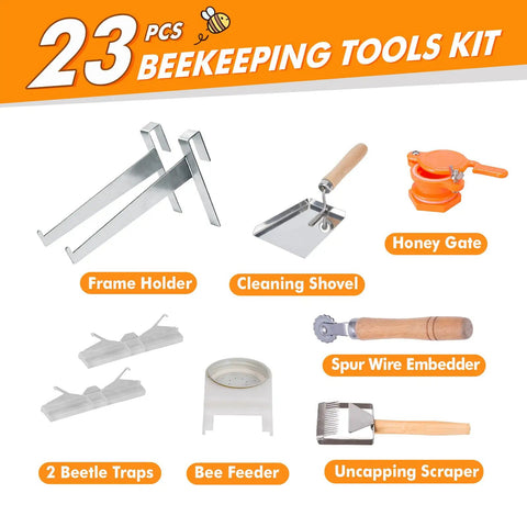 All In One Beekeeping Tools Kit 22-Piece includes frame holder, cleaning shovel, honey gate, and more