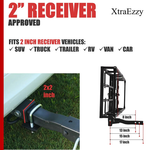 Beefy 2 Bike Hitch Rack And Foldable Cargo Carrier For E Bikes, showcasing 2 inch receiver compatibility with SUVs, trucks, and RVs.