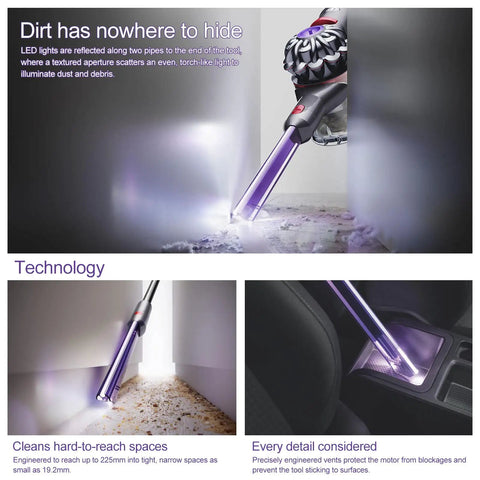 Illustration of LED Light Pipe Crevice Tool Replacement For Dyson V7 V8 V10 V11 Vacuum Cleaners in use on floor and car gaps
