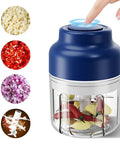 Upgrade Electric Garlic Chopper With Six Stainless Steel Blades Portable Mini Food Processor For Mashing Onions Chili And Meat Cordless Usb Rechargeable Wireless Design showing fresh chopped garlic and a finger pressing the button.