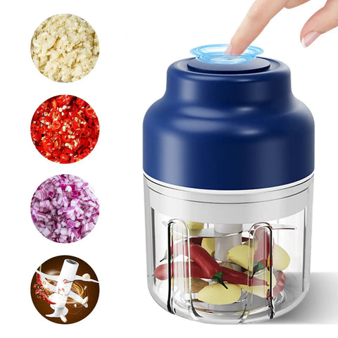 Upgrade Electric Garlic Chopper With Six Stainless Steel Blades Portable Mini Food Processor For Mashing Onions Chili And Meat Cordless Usb Rechargeable Wireless Design showing fresh chopped garlic and a finger pressing the button.