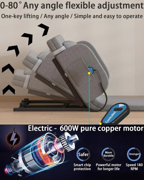 Heavy Duty Electric Bed Lift Assistant For Elderly And Disabled, showing remote control and adjustable backrest up to 80 degrees.