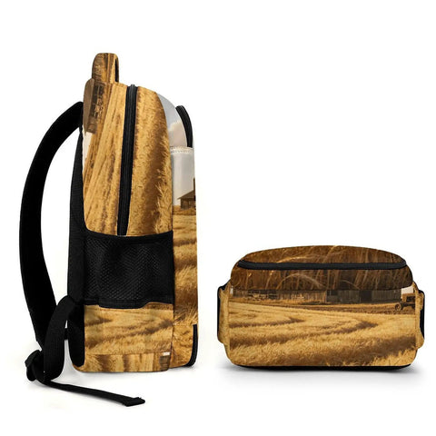 Side view of Vintage Barn Tractor Wheat Farm Print Unisex Daypack with Extra Large Capacity Durable Polyester Travel Backpack