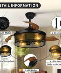 42 Inch Retractable Ceiling Fan With Lights Killer Reversible 6 Speeds Cage Industrial Farmhouse Ceiling Fan With Hidden Blades Remote Control Ideal For Living Room Bedroom Patio Black showing detail information in living room setting.