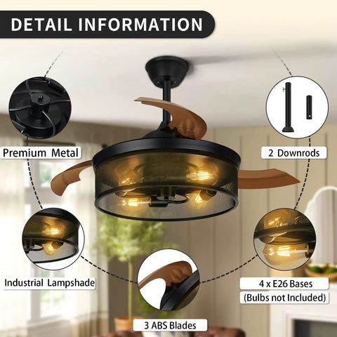 42 Inch Retractable Ceiling Fan With Lights Killer Reversible 6 Speeds Cage Industrial Farmhouse Ceiling Fan With Hidden Blades Remote Control Ideal For Living Room Bedroom Patio Black showing detail information in living room setting.