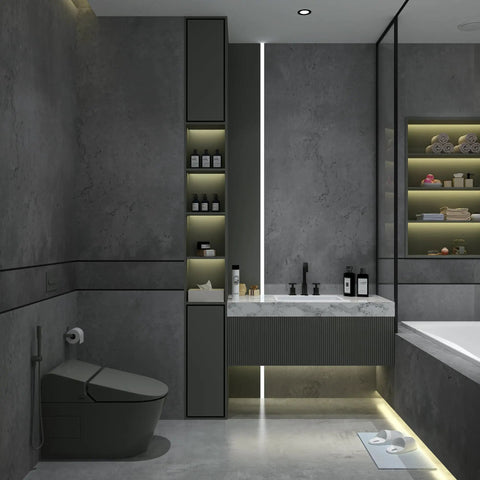 Modern bathroom with Dope Dark Concrete Wallpaper Peel And Stick Cement Texture Self Adhesive Contact Paper 31 By 157 Inches applied.