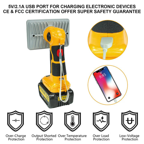 20V Cordless LED Work Light With 18W 2000 Lumen Output, USB Charging Port, showing USB cable charging a smartphone