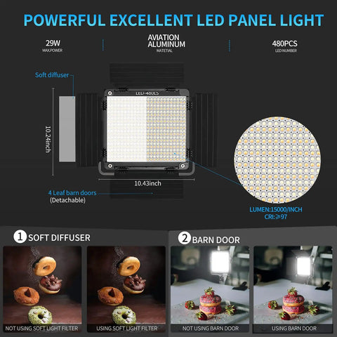 LED panel with barndoors, soft diffuser, aviation aluminum, part of Two Pack Bi-Color LED Video Lights with App Control displayed.