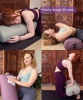 Woman using EZ Clean Standard Yoga Bolster Taupe Firm and Supportive Handmade in USA with Durable Eco Vinyl in various yoga poses.