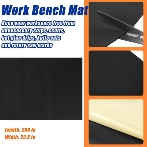 Self Adhesive Work Bench Mat 23.5 X 200 Inch PU Floor Runner for Garage and Workshop, black mat being cut