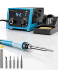 Smart 65W Soldering Station With PID Temperature Control, includes 5 soldering tips and built-in transformer, shown with accessories