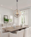 Rustic Wood Orb Pendant Light 4 Light Candle Chandelier with adjustable chain in dining room, bringing cozy farmhouse vibe.