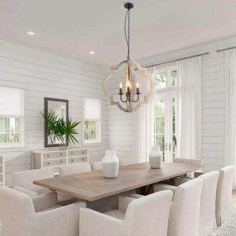 Rustic Wood Orb Pendant Light 4 Light Candle Chandelier with adjustable chain in dining room, bringing cozy farmhouse vibe.