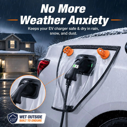 Hella Tough EV Charging Port Cover With Heavy Duty Magnets And Lock Tight Suction protecting EV charger during rain and snow.