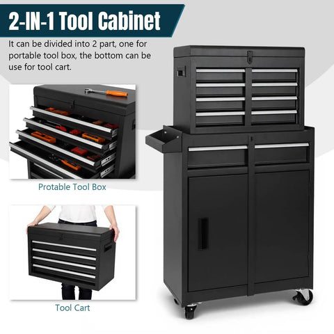 Rolling Tool Chest With Five Drawers Top Compartment And Two Section Base Cabinet Double Doors Heavy Duty Wheels Ultra Large Capacity Organizer For Garage Shop Workshop And Industrial Use, black 2-in-1 tool cabinet with portable box and cart