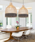 Black Rattan Pendant Light for Kitchen Island and Living Room, Handmade Woven Lampshade Ceiling Fixture above dining table