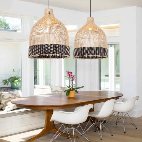 Black Rattan Pendant Light for Kitchen Island and Living Room, Handmade Woven Lampshade Ceiling Fixture above dining table