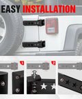 Tough As Nails Steel Tailgate Hinge Set Heavy Duty Reinforced Rear Door Brackets installed on Jeep Wrangler, showing easy setup process.