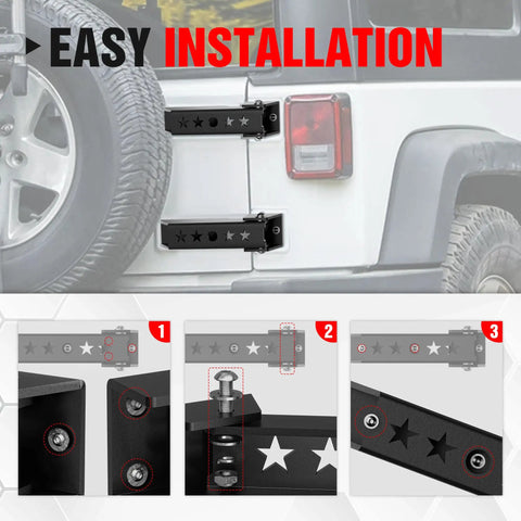 Tough As Nails Steel Tailgate Hinge Set Heavy Duty Reinforced Rear Door Brackets installed on Jeep Wrangler, showing easy setup process.