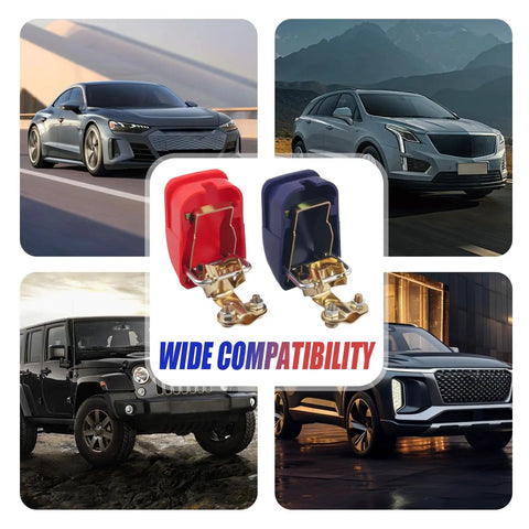 Smart Copper Battery Clamps With Quick Release No Fuss On Off For A Secure Connection Water And Dust Resistant Car Battery Clamps Universal Fit Durable Car Accessories Easy Install shown with various cars in background