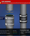 Smooth Operator 5 Inch Black Flex Coupling specifications with pipe sizes and connection types in graphic form.